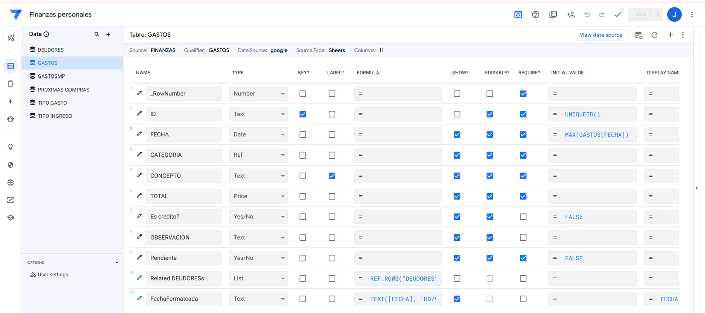 App de gastos — modelo de datos en AppSheet