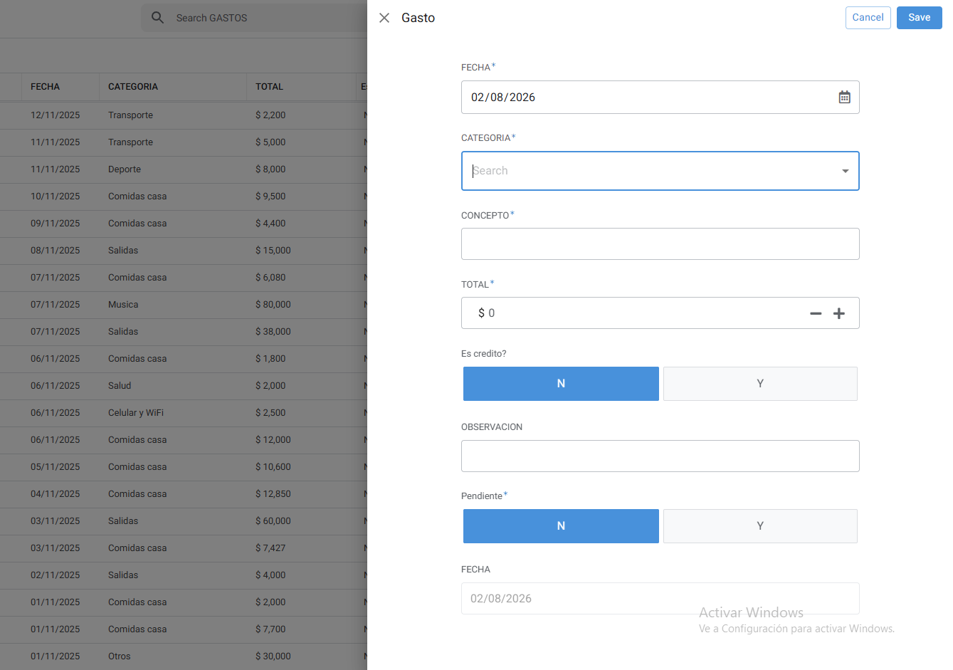 App de gastos — formulario de nuevo gasto