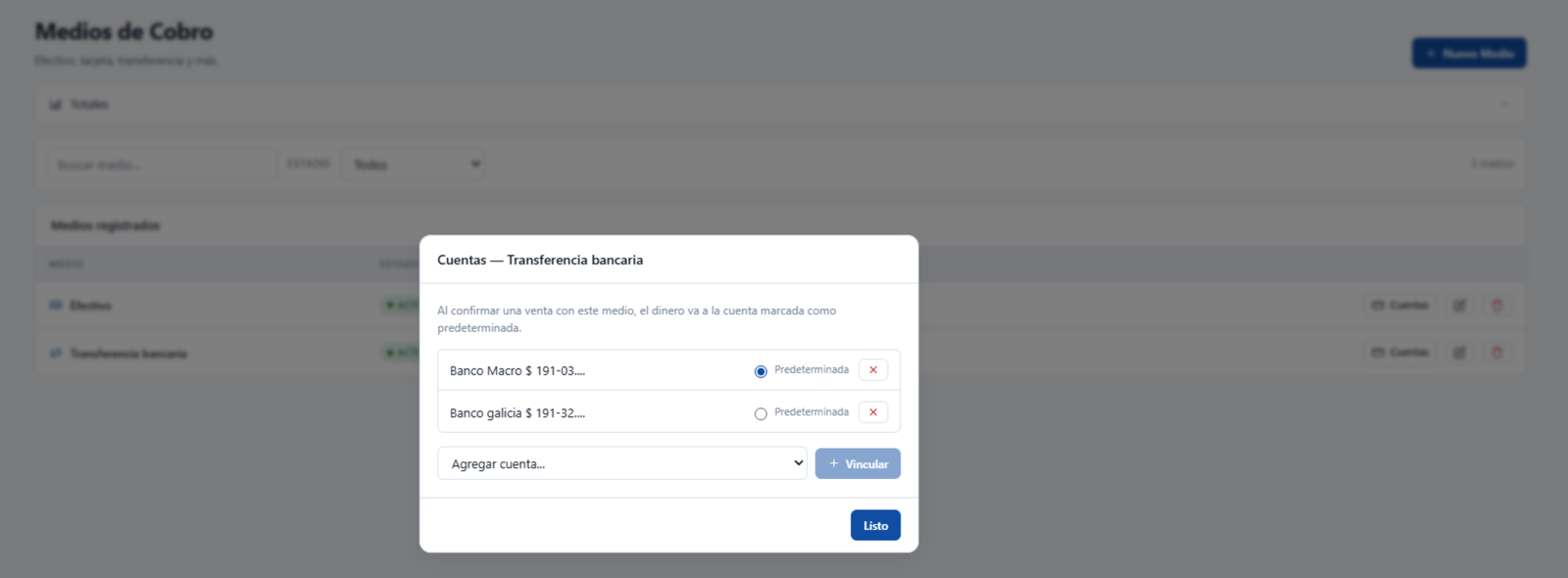 Configuración de medios de cobro